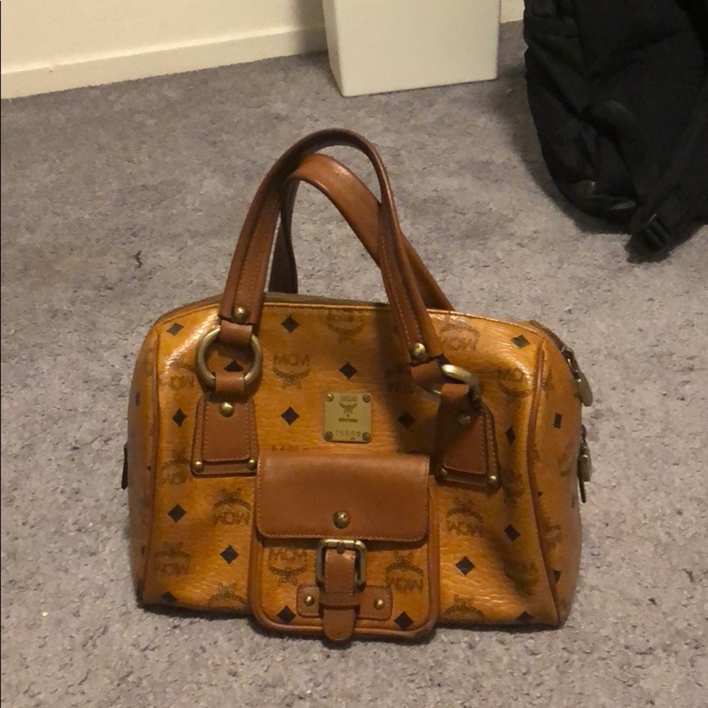 Authentic MCM cognac visetos Boston bag